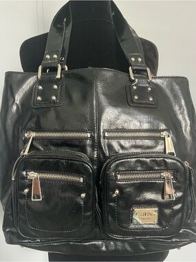GUESS Y2K Black Patent Logo Plaque Handbag New